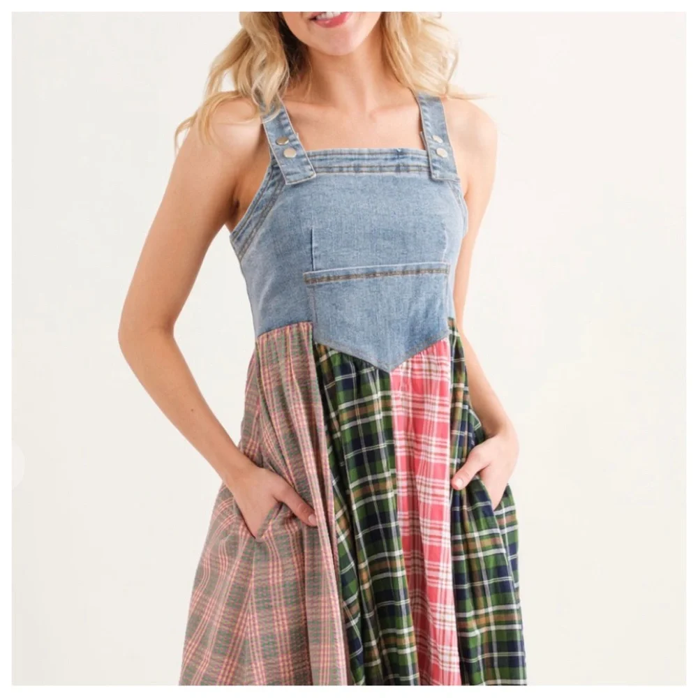 13 Boho Denim Multi Fabric Pleated Suspender Dress - Picture 5 of 5